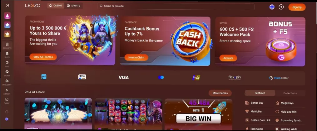 Legzo Casino 100% up to 600 CAD + 500 Free Spins